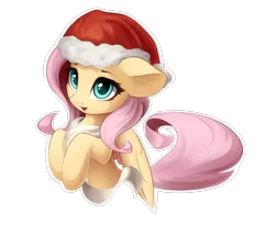 Size: 2800x2300 | Tagged: safe, artist:ifmsoul, derpibooru import, fluttershy, pegasus, pony, bust, christmas, clothes, cute, ear fluff, female, floppy ears, hat, high res, holiday, hooves to the chest, looking at you, mare, open mouth, outline, santa hat, scarf, shyabetes, simple background, solo, three quarter view, transparent background, white outline, wings