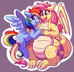 Size: 3300x3238 | Tagged: safe, artist:graphene, derpibooru import, fluttershy, rainbow dash, dragon, cute, dashabetes, dragonified, duo, flutterdragon, shyabetes, species swap