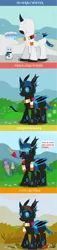 Size: 704x3103 | Tagged: safe, artist:wheatley r.h., derpibooru import, oc, oc:w. rhinestone eyes, unofficial characters only, changeling, 4 panel comic, autumn, bat wings, berry bush, blue changeling, bush, changeling loves watermelon, changeling oc, clothes, cold, flower, food, hair, happy, horn, ice cream, jacket, leaf, magic, mountain, popsicle, scarf, seasons, snow, snowfall, snowman, solo, spanish, spanish text, speech bubble, spring, summer, telekinesis, tongue out, vector, visor, watermark, white berry, wings, winter