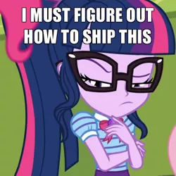 Size: 600x600 | Tagged: safe, derpibooru import, edit, edited screencap, screencap, fluttershy, pinkie pie, sci-twi, twilight sparkle, equestria girls, equestria girls series, holidays unwrapped, spoiler:eqg series (season 2), bowtie, canterlot high, caption, clothes, collar, cropped, cute, female, frown, geode of telekinesis, glasses, high school, image macro, jewelry, lidded eyes, lockers, magical geodes, o come all ye squashful, ponytail, shipper on deck, shipping, shirt, short sleeves, skirt, text, thinking