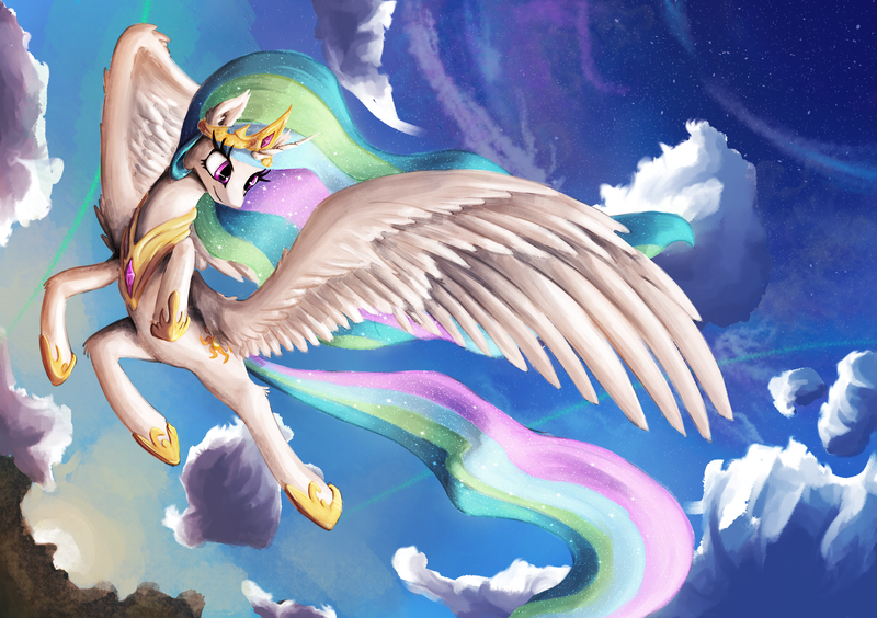 Size: 2894x2039 | Tagged: safe, artist:thatfriendlysomeone, derpibooru import, princess celestia, alicorn, pony, cloud, crown, ear fluff, female, flying, high res, hoof shoes, jewelry, mare, regalia, sky, solo, spread wings, wings