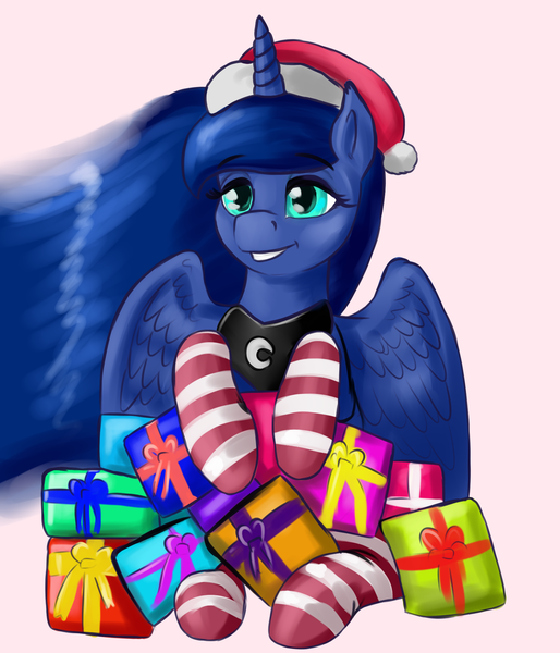 Size: 1800x2100 | Tagged: safe, artist:dukevonkessel, derpibooru import, princess luna, alicorn, pony, christmas, clothes, cute, female, hat, holiday, lunabetes, mare, pink background, present, santa hat, simple background, sitting, socks, solo, striped socks