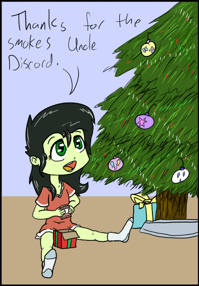 Size: 402x577 | Tagged: source needed, safe, artist:happy harvey, derpibooru import, oc, oc:anonfilly, human, equestria girls, bow, christmas, christmas ornaments, christmas tree, cigarette, cigarette pack, clothes, cutie mark, female, filly, holiday, implied discord, oversized clothes, oversized shirt, present, ribbon, shirt, socks, this will end in jail time, tree