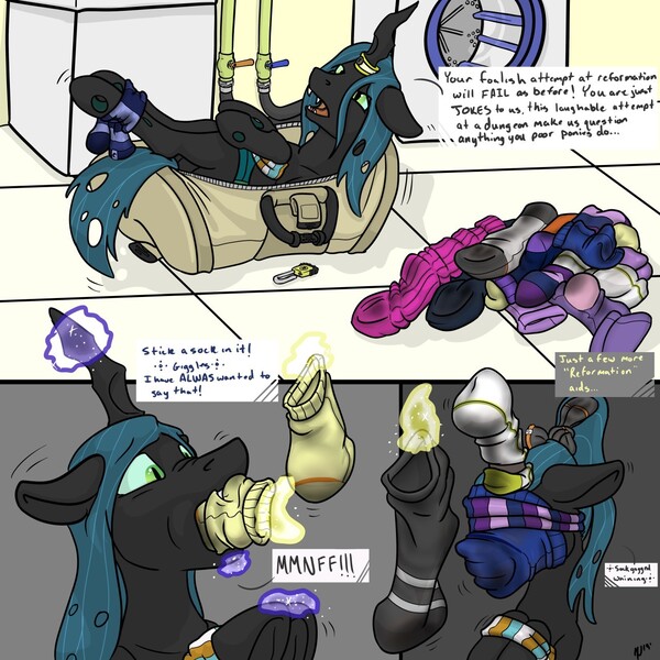 Size: 1280x1280 | Tagged: artist:dombrus, blindfold, bondage, clothes, comic, comic:reformation try number 3, commission, derpibooru import, descriptive noise, dialogue, dirty socks, fetish, gag, gym bag, horn, horn ring, implied princess celestia, implied princess luna, inanimate tf, laundry room, lock, magic, magic suppression, mask, muffled words, offscreen character, padlock, permanent, queen chrysalis, questionable, ring, sock gag, socks, telekinesis, tied hair, tied hooves, transformation, washing machine, whining