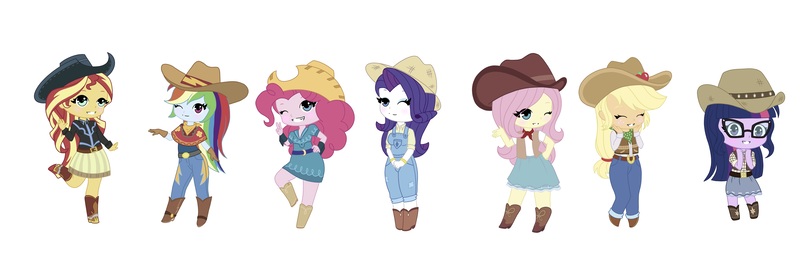 Size: 8752x3024 | Tagged: safe, artist:ocean-drop, derpibooru import, applejack, fluttershy, pinkie pie, rainbow dash, rarity, sci-twi, sunset shimmer, twilight sparkle, dance magic, equestria girls, equestria girls series, five to nine, spoiler:eqg specials, absurd resolution, adorable face, beautiful, belt, boots, chibi, clothes, cowboy boots, cowboy hat, cowgirl, cowgirl outfit, cute, dashabetes, diapinkes, eyes closed, female, hat, humane five, humane seven, humane six, jackabetes, jeans, one eye closed, overalls, pants, raribetes, rarihick, shimmerbetes, shoes, shyabetes, simple background, skirt, smiling, stetson, twiabetes, western, white background, wink