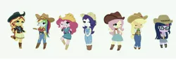 Size: 8752x3024 | Tagged: safe, artist:ocean-drop, derpibooru import, applejack, fluttershy, pinkie pie, rainbow dash, rarity, sci-twi, sunset shimmer, twilight sparkle, dance magic, equestria girls, equestria girls series, five to nine, spoiler:eqg specials, absurd resolution, adorable face, beautiful, belt, boots, chibi, clothes, cowboy boots, cowboy hat, cowgirl, cowgirl outfit, cute, dashabetes, diapinkes, eyes closed, female, hat, humane five, humane seven, humane six, jackabetes, jeans, one eye closed, overalls, pants, raribetes, rarihick, shimmerbetes, shoes, shyabetes, simple background, skirt, smiling, stetson, twiabetes, western, white background, wink