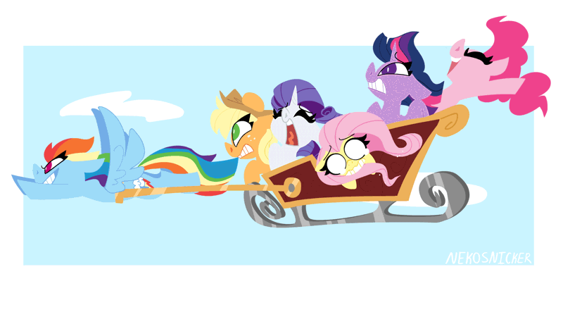 Size: 1920x1080 | Tagged: safe, artist:nekosnicker, derpibooru import, applejack, fluttershy, pinkie pie, rainbow dash, rarity, twilight sparkle, twilight sparkle (alicorn), alicorn, earth pony, pegasus, pony, unicorn, animated, biting, christmas, cowboy hat, crying, dashing through the snow, female, flying, gif, hat, hearth's warming, holiday, it's a pony kind of christmas, jingle bells, mane six, mare, pinkie pie is amused, sleigh, varying degrees of amusement, varying degrees of want