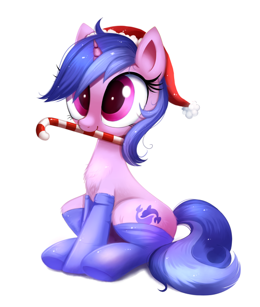 Size: 1274x1501 | Tagged: safe, artist:confetticakez, derpibooru import, part of a set, sea swirl, seafoam, pony, unicorn, background pony, candy, candy cane, chest fluff, christmas, clothes, commission, cute, female, food, hat, hearth's warming, holiday, mare, mouth hold, santa hat, seadorable, simple background, sitting, socks, solo, white background, ych result