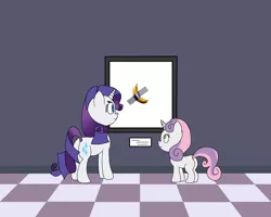 Size: 900x720 | Tagged: artist needed, safe, derpibooru import, rarity, sweetie belle, pony, unicorn, art, art or a mistake, banana, butt, duct tape, female, filly, food, mare, meme, plot, tape, tiled floor