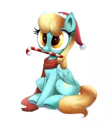 Size: 1386x1585 | Tagged: safe, artist:confetticakez, derpibooru import, part of a set, sassaflash, pegasus, pony, background pony, candy, candy cane, christmas, clothes, commission, cute, female, folded wings, food, hat, holiday, mare, mouth hold, santa hat, scarf, simple background, sitting, snow, solo, white background, wings, winter, ych result