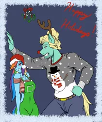 Size: 1024x1219 | Tagged: against wall, anthro, antlers, artist:nwinter3, blushing, christmas, christmas sweater, clothes, derpibooru import, female, hat, holiday, male, mistletoe, overalls, rainbow dash, reindeer antlers, rudolph the red nosed reindeer, safe, santa hat, shipping, size difference, snowman, straight, sweater, tsunderainbow, tsundere, zephdash, zephyr breeze