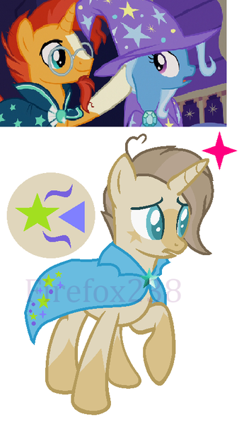 Size: 464x806 | Tagged: safe, artist:firefox238, derpibooru import, sunburst, trixie, oc, oc:cosmo, unicorn, base used, cape, clothes, female, male, offspring, parent:sunburst, parent:trixie, parents:trixburst, shipping, straight, trixburst, watermark