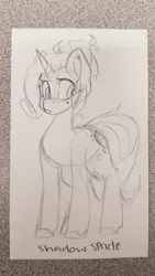 Size: 288x512 | Tagged: safe, artist:crimmharmony, derpibooru import, oc, oc:shadow spade, unofficial characters only, unicorn, fallout equestria, fallout equestria: kingpin, appreciation, beauty mark, blank, blank flank, blank of rarity, female, gift art, horn, lawbringer, mare, not rarity, photo, shy, sketch, solo, spots, traditional art, unicorn oc