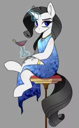 Size: 270x436 | Tagged: safe, artist:crimmharmony, derpibooru import, oc, oc:shadow spade, pony, unicorn, fallout equestria, fallout equestria: kingpin, alcohol, bags under eyes, beauty mark, blank, blank of rarity, blue dress, blue eyes, commissioner:genki, crossed legs, dead eyes, glass, gold rings, gray background, horn, jewelry, justice mare, lawbringer, magic, necklace, not rarity, purple eyeshadow, simple background, sitting, solo, sophisticated as hell, sparkling blue dress, sparkling dress, spots, stool, telekinesis, tired, unicorn oc, wine, wine glass