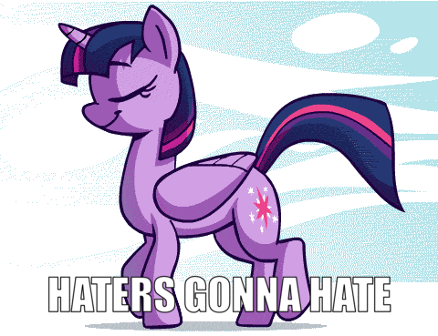 Size: 480x369 | Tagged: source needed, safe, artist:whateverbender, derpibooru import, edit, twilight sparkle, twilight sparkle (alicorn), alicorn, pony, animated, caption, female, frame by frame, gif, haters gonna hate, image macro, mare, meme, solo, text, trotting