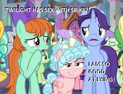 Size: 1259x957 | Tagged: suggestive, derpibooru import, edit, edited screencap, screencap, citrine spark, cozy glow, fire quacker, huckleberry, november rain, peppermint goldylinks, violet twirl, pegasus, pony, unicorn, school raze, angry, caption, cozy glow is best facemaker, cozybetes, cropped, cute, female, filly, foal, friendship student, image macro, implied sex, implied shipping, implied straight, implied twispike, madorable, male, mare, stallion, talking, text, trio focus