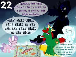 Size: 1024x768 | Tagged: safe, artist:bronybyexception, derpibooru import, diamond tiara, discord, fancypants, princess luna, winona, oc, oc:snowdrop, alicorn, earth pony, pegasus, pony, unicorn, a christmas carol, advent calendar, blind, cannon, car, charles dickens, cloak, clothes, crown, dice, ghost of christmas past, ghost of christmas present, ghost of christmas yet to come, hat, horseshoes, jewelry, lamp, monopoly, parody, regalia, ship, top hat, twimobile