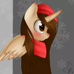 Size: 1270x1270 | Tagged: safe, artist:filypaws, derpibooru import, oc, oc:fily paws, unofficial characters only, alicorn, pony, abstract background, alicorn oc, beanie, bust, clothes, cold, ear fluff, eye clipping through hair, female, hat, horn, mare, ponysona, profile, red nosed, scarf, smiling, solo, wings