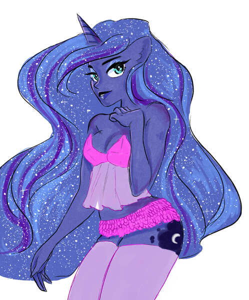 Size: 1625x1956 | Tagged: artist:nebulaeye, boyshorts, bra, breasts, clothes, cutie mark on human, derpibooru import, eared humanization, female, frilly underwear, horn, horned humanization, human, humanized, lingerie, panties, pink underwear, pony coloring, princess luna, simple background, solo, solo female, suggestive, underwear, white background