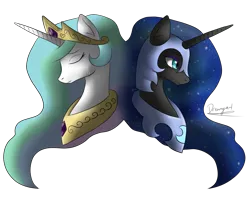 Size: 2000x1600 | Tagged: safe, artist:dreamyartcosplay, derpibooru import, nightmare moon, princess celestia, alicorn, pony, bust, duo, ethereal mane, eyes closed, female, jewelry, mare, peytral, signature, simple background, starry mane, tiara, transparent background