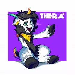 Size: 1080x1080 | Tagged: abstract background, artist:weirdsketcher, art trade, derpibooru import, female, fluffy, goat, goat pony, human shoulders, looking at you, oc, oc:thera, open mouth, safe, sitting, solo, three horns, unofficial characters only