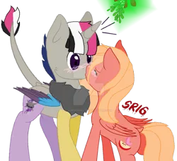 Size: 1024x933 | Tagged: artist:superrosey16, base used, blushing, christmas, derpibooru import, deviantart watermark, female, holiday, hybrid, interspecies offspring, kissing, male, mistletoe, obtrusive watermark, oc, oc:loki, oc:sweet apple, oc x oc, offspring, offspring's offspring, parent:big macintosh, parent:discord, parent:fluttershy, parents:discolight, parents:fluttermac, parent:twilight sparkle, safe, shipping, simple background, straight, transparent background, watermark