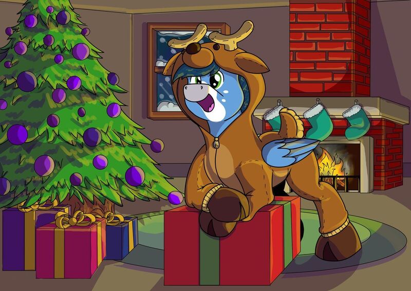 Size: 1280x905 | Tagged: safe, artist:moonlightfan, derpibooru import, oc, unofficial characters only, pegasus, pony, christmas, christmas stocking, christmas tree, fire, fireplace, holiday, present, solo, tree, window