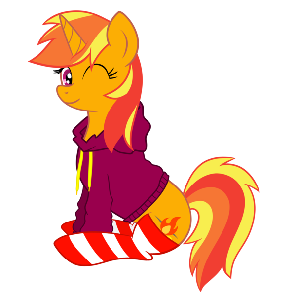 Size: 5000x5000 | Tagged: safe, artist:ricky_mckim, derpibooru import, oc, oc:ricky, unofficial characters only, unicorn, clothes, female, hoodie, looking at you, mare, one eye closed, original art, original character do not steal, simple background, sitting, smiling, socks, striped socks, transparent background