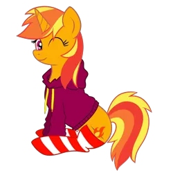 Size: 5000x5000 | Tagged: safe, artist:ricky_mckim, derpibooru import, oc, oc:ricky, unofficial characters only, unicorn, clothes, female, hoodie, looking at you, mare, one eye closed, original art, original character do not steal, simple background, sitting, smiling, socks, striped socks, transparent background
