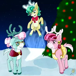 Size: 1900x1900 | Tagged: alice the reindeer, artist:midnightfire1222, aurora the reindeer, best gift ever, bori the reindeer, christmas, deer, deer magic, derpibooru import, flying, group, hearth's warming eve, hearth's warming tree, holiday, magic, night, night sky, reindeer, safe, sky, snow, tree, trio