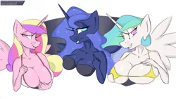 Size: 1920x1080 | Tagged: absolute cleavage, alicorn titrarchy, alicorn triarchy, anthro, artist:longtailshort, bedroom eyes, big breasts, breasts, bust, busty princess cadance, busty princess celestia, busty princess luna, cleavage, clothes, derpibooru import, female, females only, huge breasts, lidded eyes, looking at you, princess cadance, princess celestia, princess luna, simple background, suggestive, underwear, white background