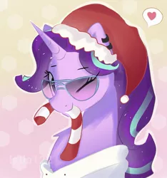 Size: 1101x1178 | Tagged: safe, artist:latia122, derpibooru import, starlight glimmer, pony, unicorn, candy, candy cane, chest fluff, christmas, cute, ear piercing, earring, female, food, glimmerbetes, hat, heart, holiday, jewelry, looking at you, mare, mouth hold, one eye closed, pictogram, piercing, santa hat, solo, sunglasses, wink