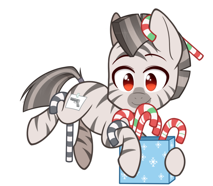 Size: 2000x1750 | Tagged: artist:higgly-chan, box, candy, candy cane, chibi, christmas, cute, derpibooru import, food, holiday, oc, oc:mcmiag, red eyes, safe, simple background, solo, sticky note, transparent background, unofficial characters only, zebra