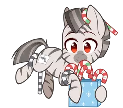 Size: 2000x1750 | Tagged: artist:higgly-chan, box, candy, candy cane, chibi, christmas, cute, derpibooru import, food, holiday, oc, oc:mcmiag, red eyes, safe, simple background, solo, sticky note, transparent background, unofficial characters only, zebra