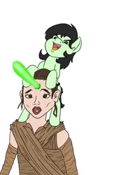 Size: 584x881 | Tagged: grimdark, suggestive, artist:happy harvey, derpibooru import, oc, oc:anonfilly, human, pony, crossover, death, fangs, female, filly, interspecies, lightsaber, murder, pony on human action, rey, sex toy, star wars, strapon, take that, weapon