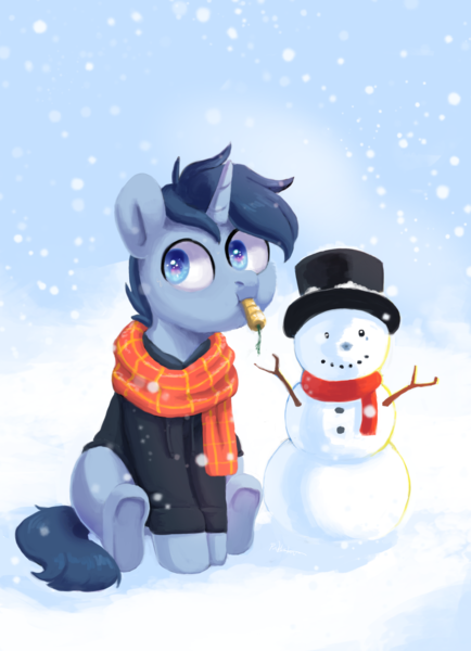 Size: 2060x2850 | Tagged: artist:pucksterv, carrot, clothes, commission, derpibooru import, eating, food, herbivore, hoodie, horses doing horse things, oc, oc:tesseract, safe, scarf, snow, snowman, unofficial characters only, ych result