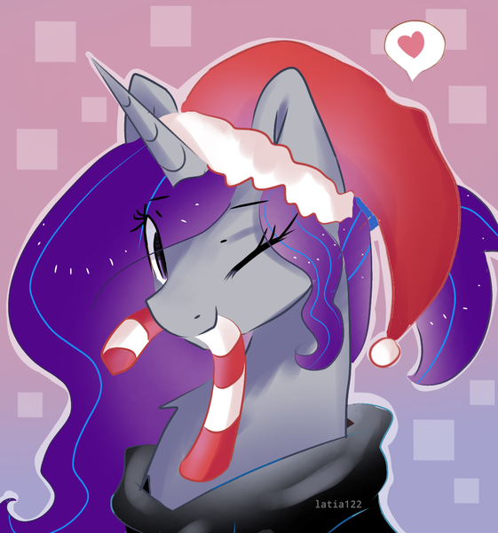 Size: 1101x1178 | Tagged: safe, artist:latia122, derpibooru import, oc, oc:krya, unofficial characters only, pony, unicorn, candy, candy cane, christmas, clothes, commission, female, food, heart, holiday, hoodie, looking at you, mare, mouth hold, one eye closed, solo, wink, ych result