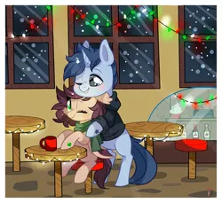 Size: 935x855 | Tagged: safe, artist:ipun, derpibooru import, oc, oc:slumber tea, oc:tesseract, unofficial characters only, bat pony, pony, unicorn, bat pony oc, bat wings, chibi, christmas, clothes, cup, female, holiday, hoodie, hug, hug from behind, male, mare, scarf, slumberact, stallion, watermark, wings