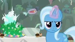 Size: 1920x1080 | Tagged: safe, derpibooru import, screencap, trixie, pony, student counsel, equinox cake, magic, solo, unamused