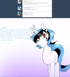 Size: 1280x1412 | Tagged: safe, artist:ask-bluethorn, derpibooru import, oc, oc:blue thorn, pony, unicorn, ask, curved horn, female, gradient background, horn, mare, solo, tumblr