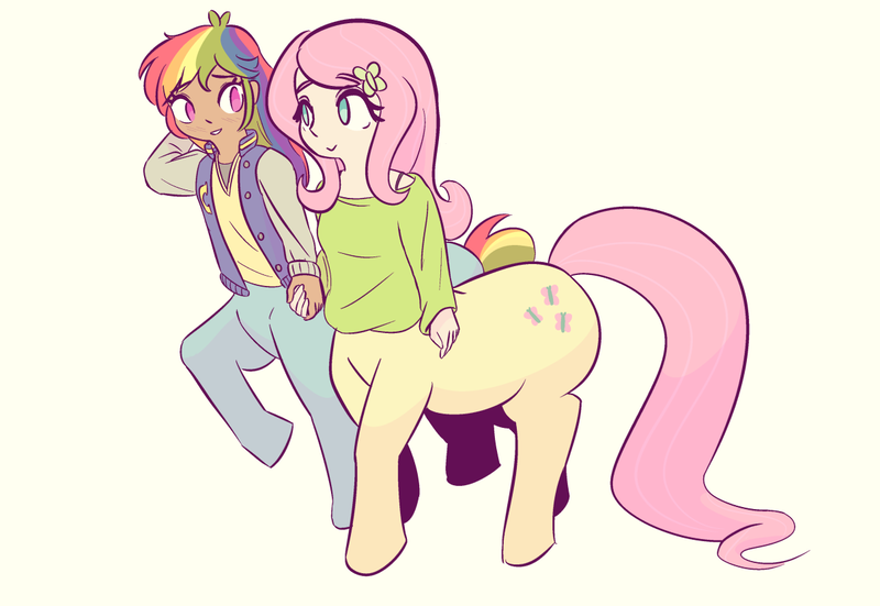 Size: 1209x833 | Tagged: safe, artist:burgeroise, derpibooru import, fluttershy, rainbow dash, centaur, blushing, duo, female, flutterdash, holding hands, lesbian, shipping