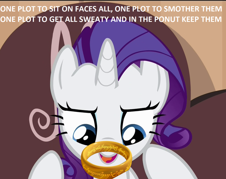 Size: 1280x1015 | Tagged: anus, butt, derpibooru import, dialogue, edit, edited screencap, faceful of ass, facesitting, jewelry, lord of the rings, nudity, plot, ponut, rarity, rarity takes manehattan, ring, screencap, smothering, solo, suggestive, sweat, the one ring