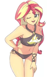 Size: 1399x2283 | Tagged: safe, artist:sumin6301, derpibooru import, sunset shimmer, equestria girls, adorasexy, belly button, bikini, breasts, clothes, cute, female, one eye closed, open mouth, sexy, shimmerbetes, simple background, solo, summer sunset, swimsuit, white background, wink