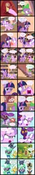 Size: 2000x9847 | Tagged: safe, artist:magerblutooth, derpibooru import, diamond tiara, filthy rich, spike, twilight sparkle, twilight sparkle (alicorn), oc, oc:aunt spoiled, oc:dazzle, oc:il, oc:peal, alicorn, cat, dragon, earth pony, imp, pony, comic:diamond and dazzle, book, bookshelf, comic, fluttershy's cottage, golden oaks library, ladder, tongue out