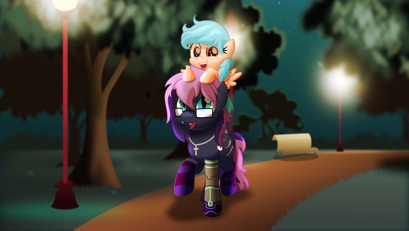 Size: 800x451 | Tagged: safe, artist:jhayarr23, derpibooru import, cozy glow, oc, oc:bitmaker, bat pony, pony, amputee, bench, male, night, ponies riding ponies, prosthetic leg, prosthetic limb, prosthetics, riding, stallion, statue, streetlight, tree