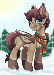 Size: 1920x2678 | Tagged: safe, artist:silent-shadow-wolf, derpibooru import, oc, oc:cinnamon crisp, bat pony, pony, christmas, clothes, holiday, male, scarf, solo, stallion