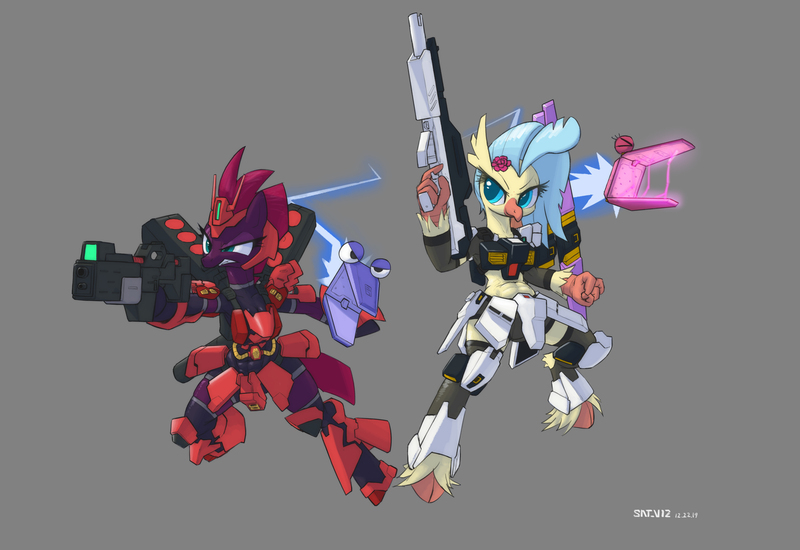 Size: 2400x1650 | Tagged: abs, armor, artist:satv12, beam rifle, classical hippogriff, cloven hooves, derpibooru import, female, fin funnel, gray background, gundam, hippogriff, midriff, mobile suit gundam, mobile suit gundam char's counterattack, my little pony: the movie, nu gundam, princess skystar, sazabi, semi-anthro, shelldon, shelly, simple background, suggestive, tempest shadow, weapon