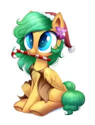 Size: 1140x1493 | Tagged: safe, artist:confetticakez, derpibooru import, part of a set, oc, unofficial characters only, pegasus, pony, candy, candy cane, cape, christmas, clothes, commission, female, flower, flower in hair, food, hat, holiday, mare, mouth hold, santa hat, simple background, sitting, solo, white background, ych result