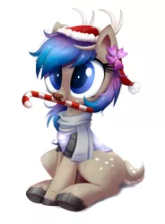 Size: 1095x1489 | Tagged: safe, artist:confetticakez, derpibooru import, part of a set, oc, unofficial characters only, deer, antlers, candy, candy cane, christmas, clothes, commission, cute, deer oc, doe, female, flower, flower in hair, food, hat, holiday, mare, mouth hold, ocbetes, santa hat, scarf, shirt, simple background, sitting, solo, white background, ych result
