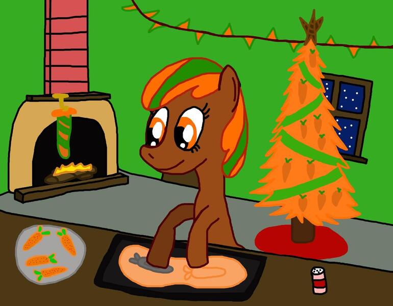 Size: 1280x997 | Tagged: safe, artist:sb1991, derpibooru import, oc, oc:carrot root, earth pony, pony, carrot, christmas, christmas stocking, christmas tree, clothes, cookie, cookie cutter, decoration, dough, fireplace, food, hearth's warming, hearth's warming eve, holiday, snow, socks, sprinkles, stockings, thigh highs, tree